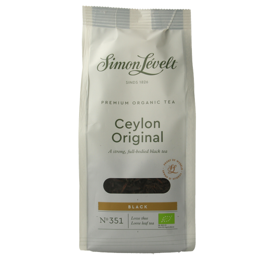 Simon Levelt Ceylon bio coffee and tea in a 90g package, featuring natural Ceylon tea leaves and coffee beans.