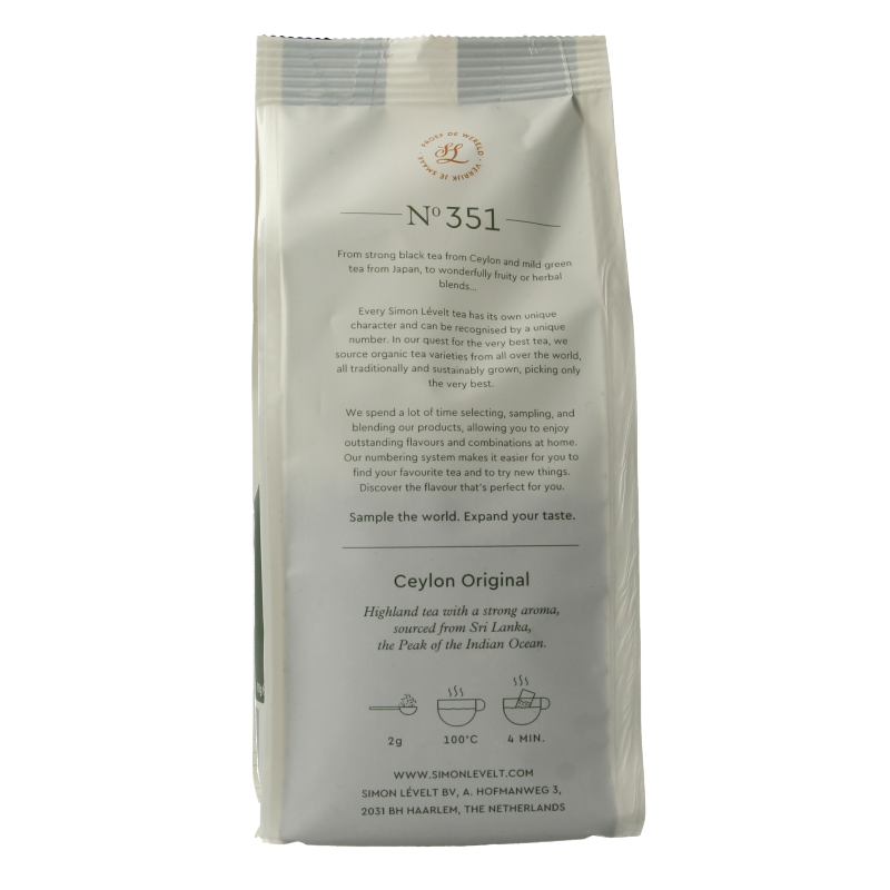 Simon Levelt Ceylon bio tea in a 90g package, featuring fresh Ceylon tea leaves for a rich, natural flavor.