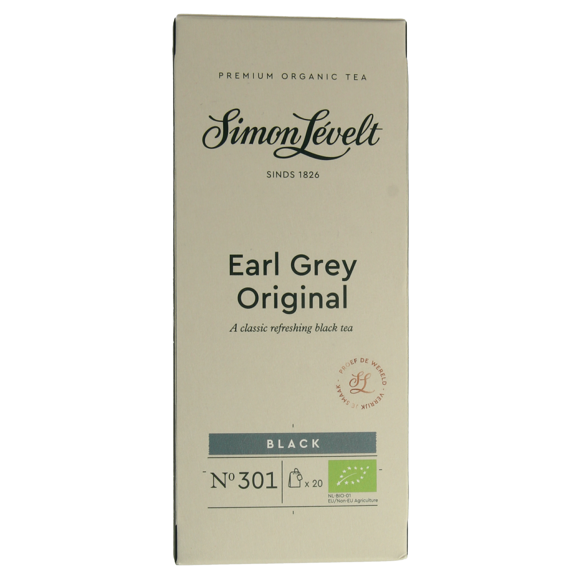 Simon Levelt Earl Grey bio tea bags in a box, premium organic black tea with bergamot flavor, 20 tea bags included.