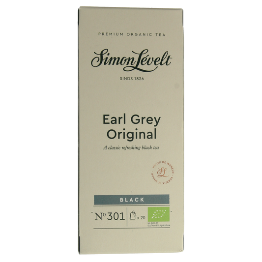 Simon Levelt Earl Grey bio tea bags in a box, premium organic black tea with bergamot flavor, 20 tea bags included.