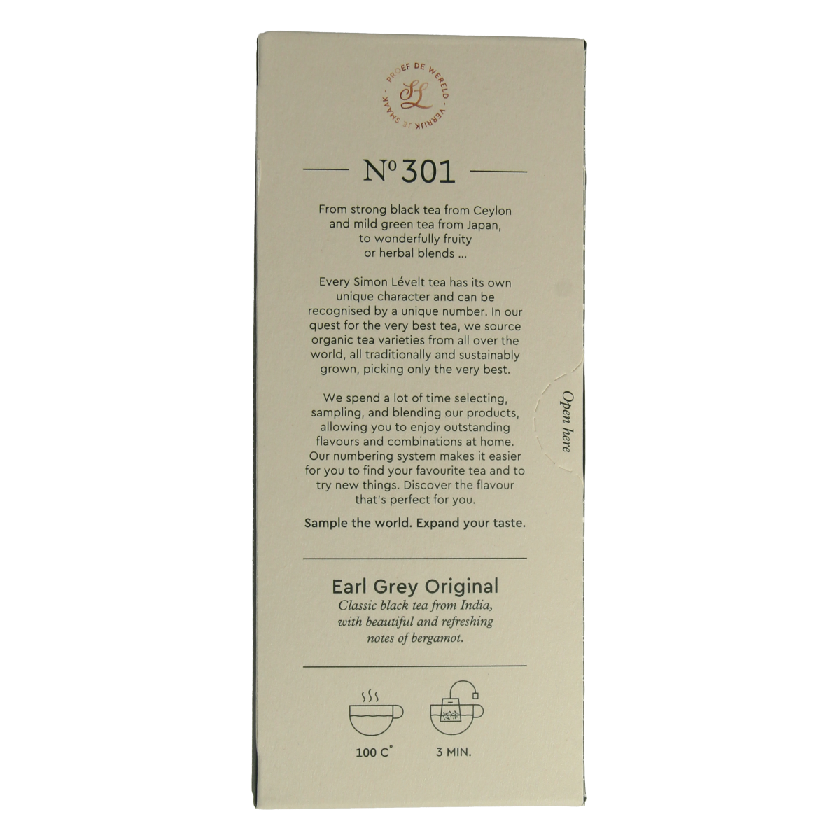 Simon Levelt Earl Grey bio tea in 20 tea bags, featuring fragrant citrus and bergamot flavor in eco-friendly packaging.
