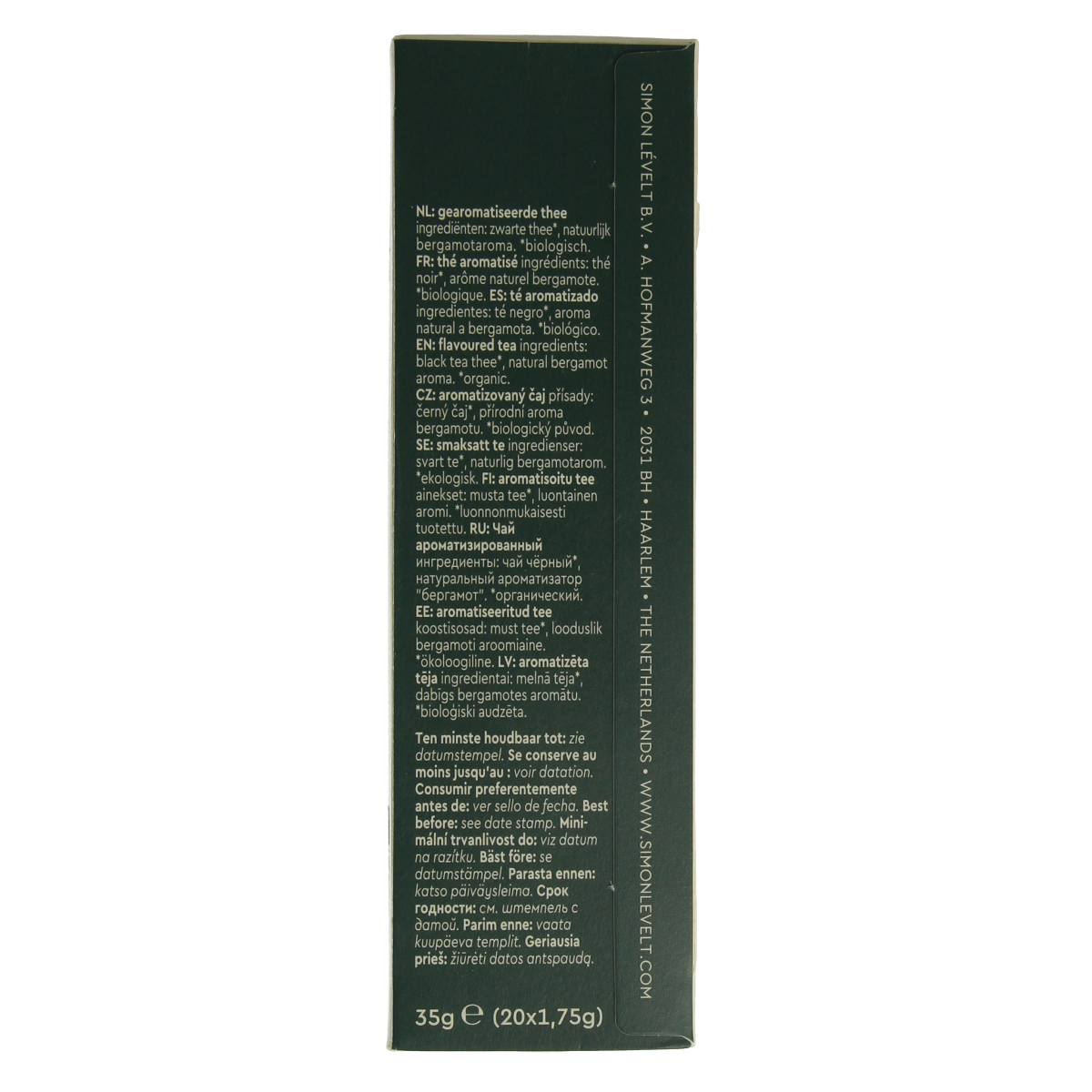 Simon Levelt Earl Grey bio tea bags, 20-pack, with aromatic citrus and bergamot flavor in individual foil tea bags.