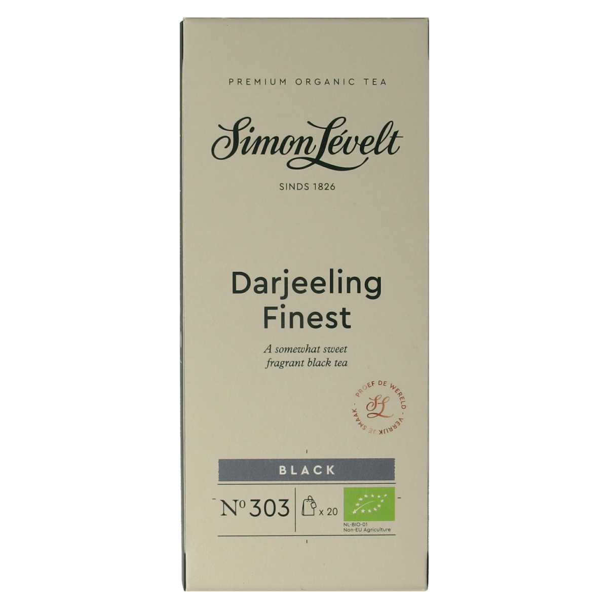 Simon Levelt Darjeeling bio tea in a box, featuring 20 tea bags with fresh, aromatic Darjeeling flavor and natural tea leaves.