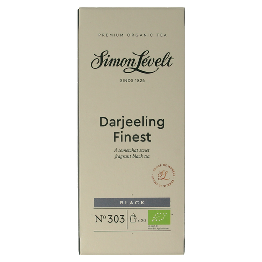 Simon Levelt Darjeeling bio tea in a box, featuring 20 tea bags with fresh, aromatic Darjeeling flavor and natural tea leaves.