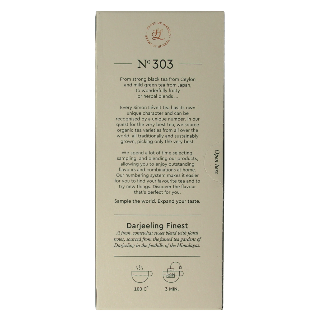 Simon Levelt Darjeeling bio tea in 20 tea bags, aromatic and organic, displayed in a package with tea leaves and branding.
