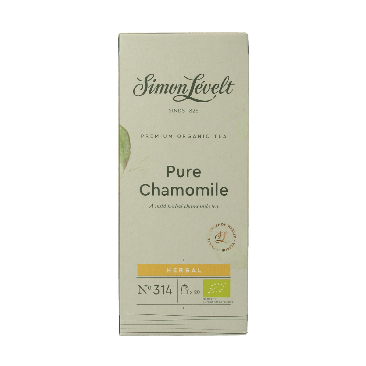 Simon Levelt organic chamomile tea bags in a box, showcasing 20 individual tea sachets for soothing herbal infusions.