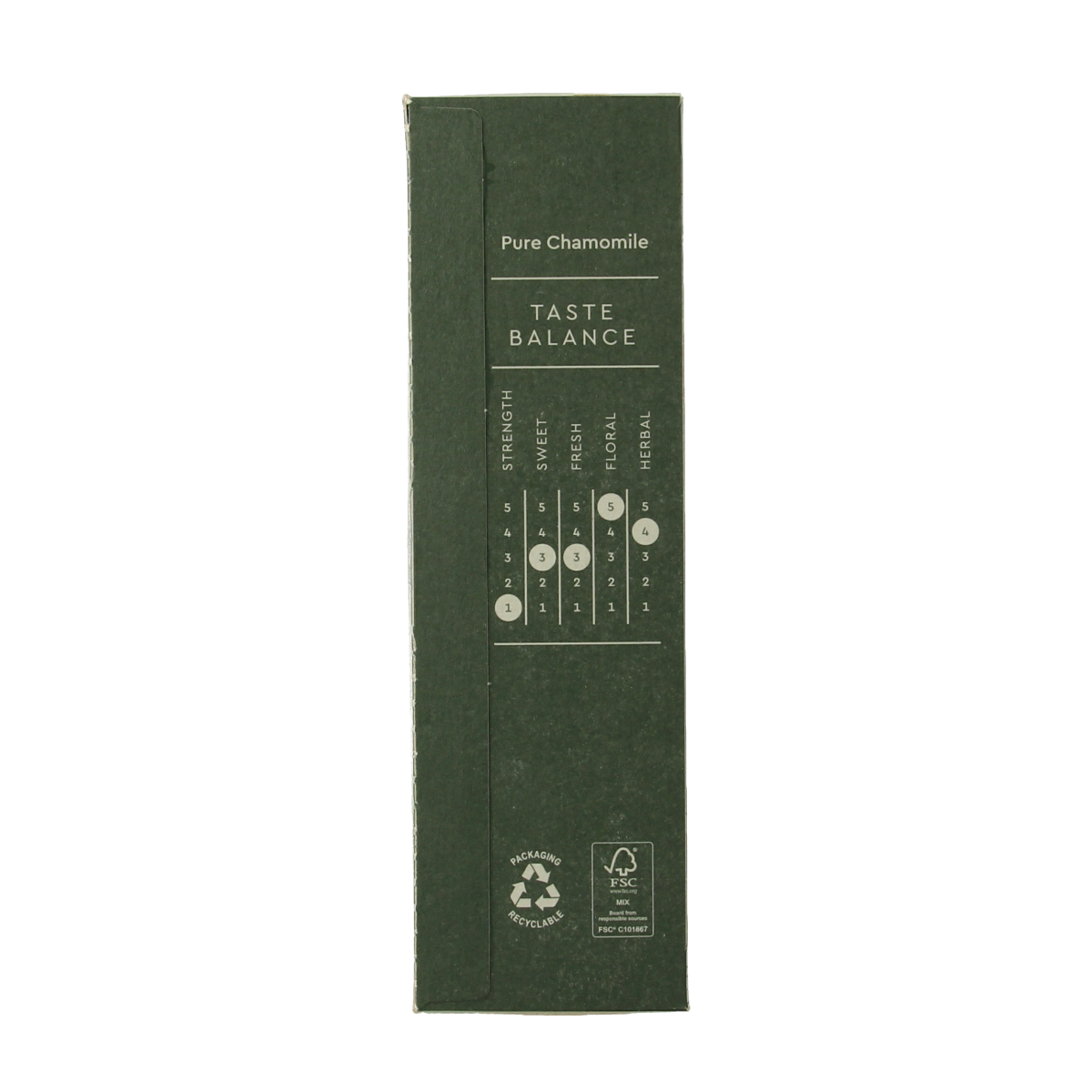 Simon Levelt Pure Chamomile Bio tea bags, 20-count, in a box with chamomile flowers and tea packaging visible.