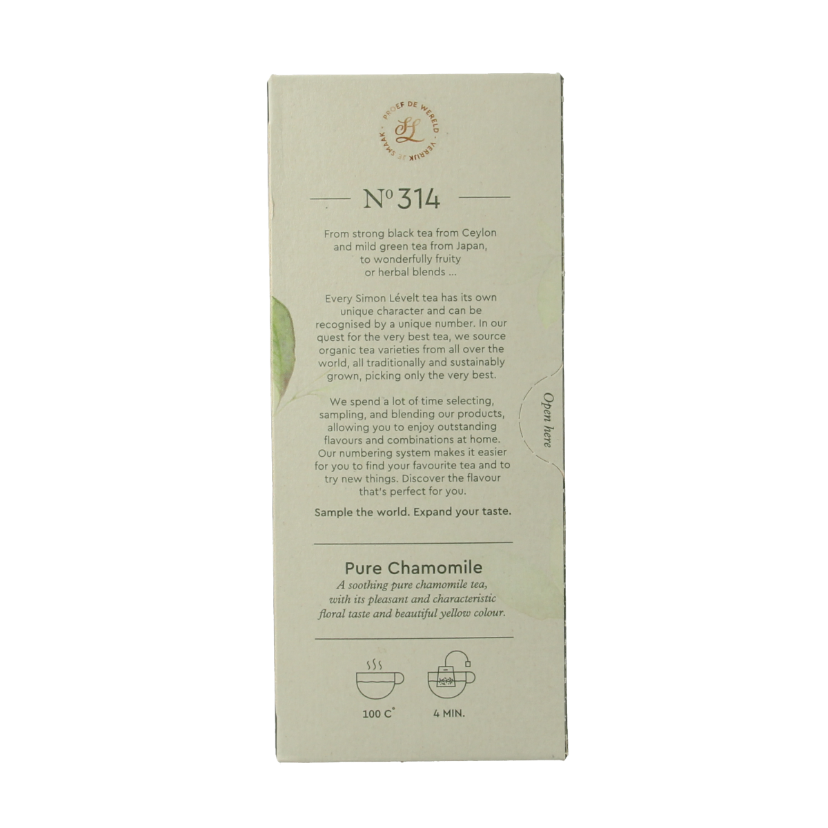 Simon Levelt Pure chamomile organic tea bags, 20-count, with dried chamomile flowers in a clear package.