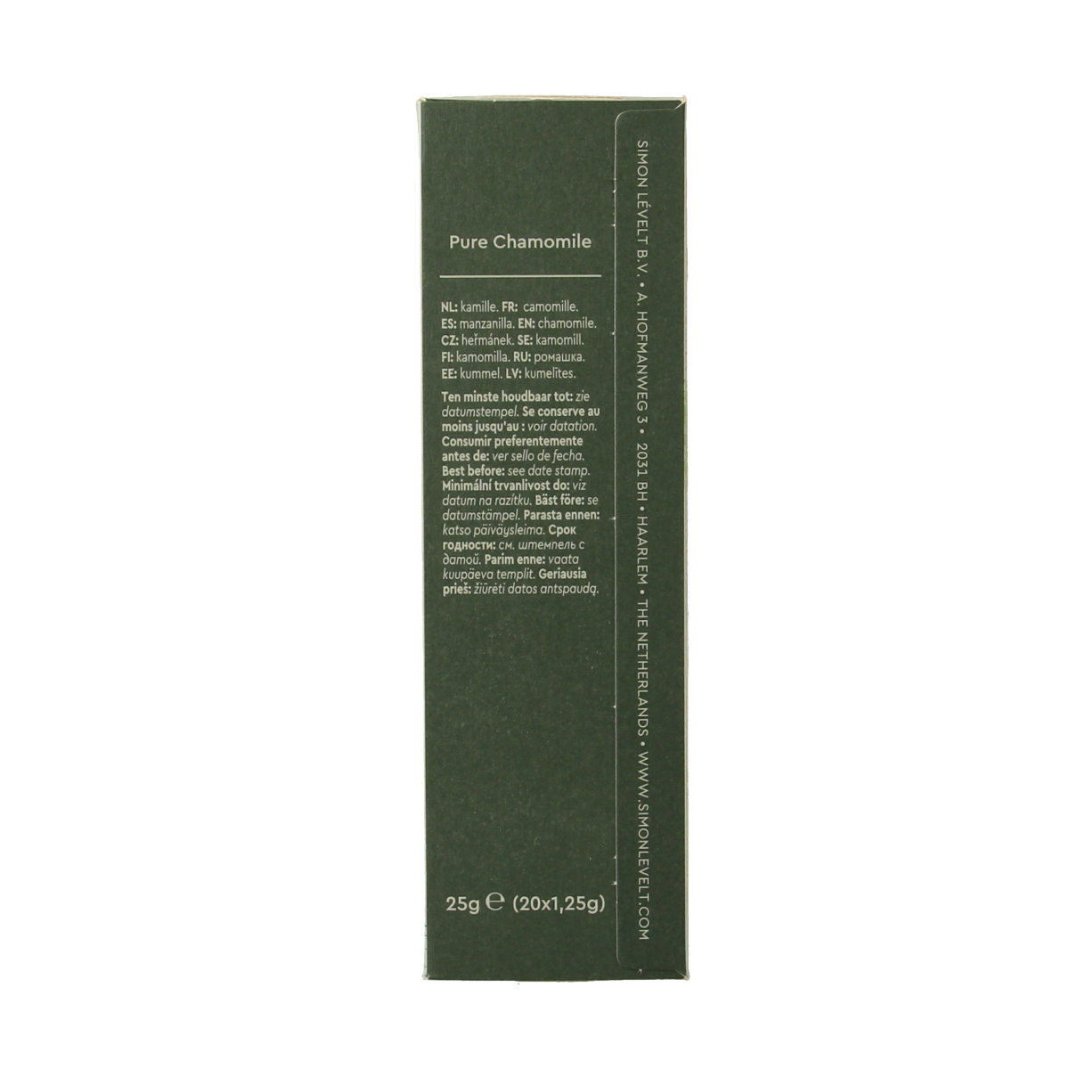 Simon Levelt Pure Chamomile Bio tea bags, 20 count, in a natural herbal tea packaging with chamomile flowers.
