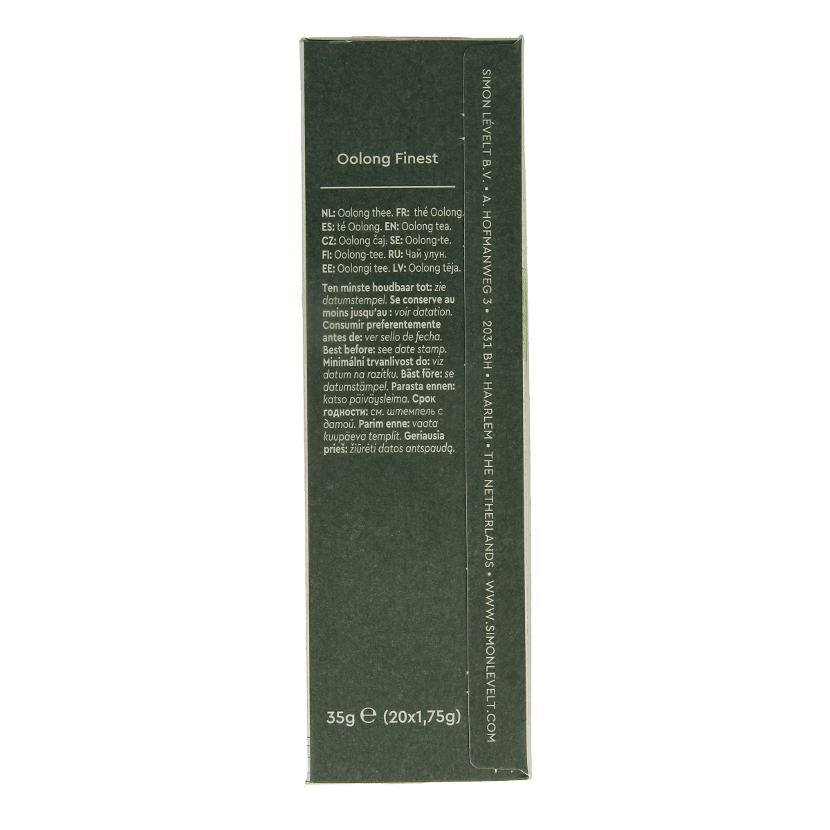 Simon Levelt Oolong Finest bio tea in 20 tea bags, showcasing the packaging with tea leaves and branding.