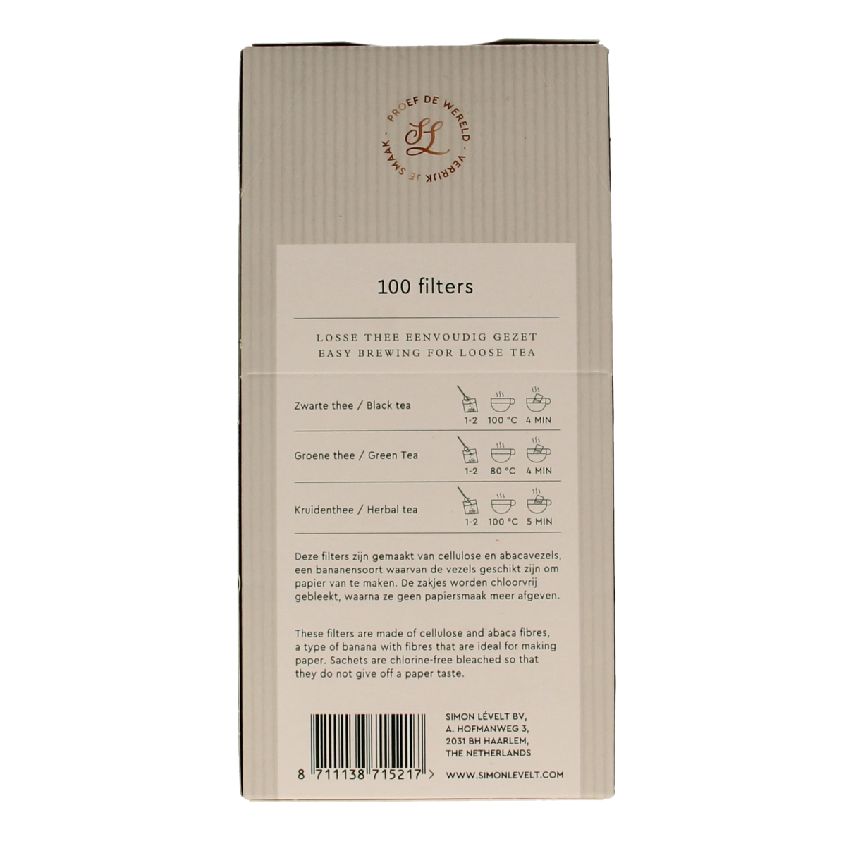 Simon Levelt coffee and tea filter paper, 1 cup size, 100 sheets, for brewing tea and coffee in a natural, functional design.