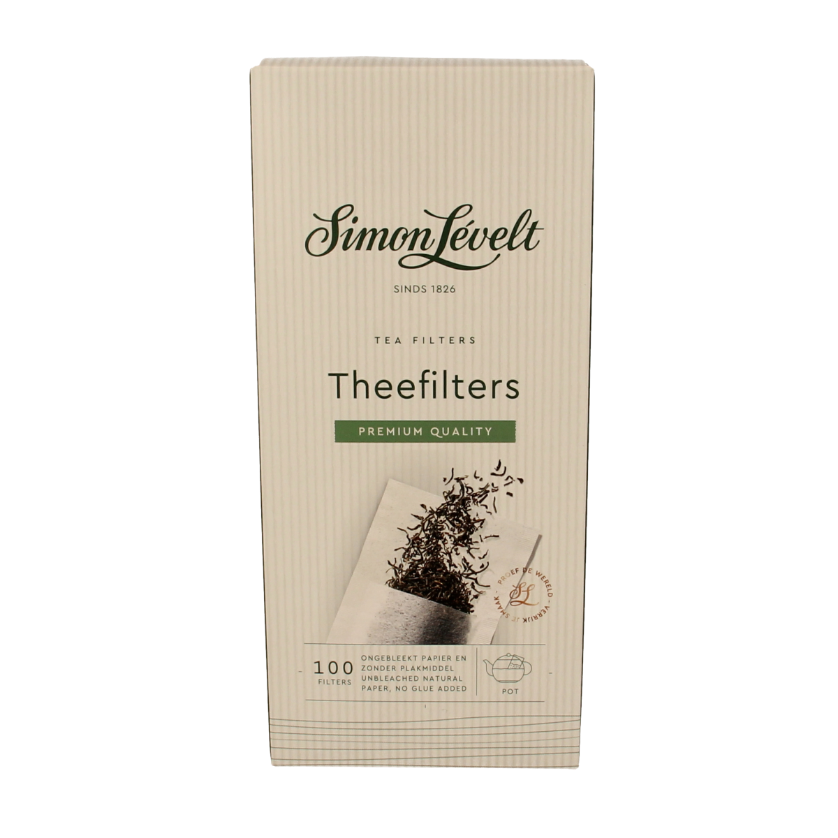 Simon Levelt large paper tea filters, 100 count, for brewing loose leaf tea or coffee in a natural, practical design.