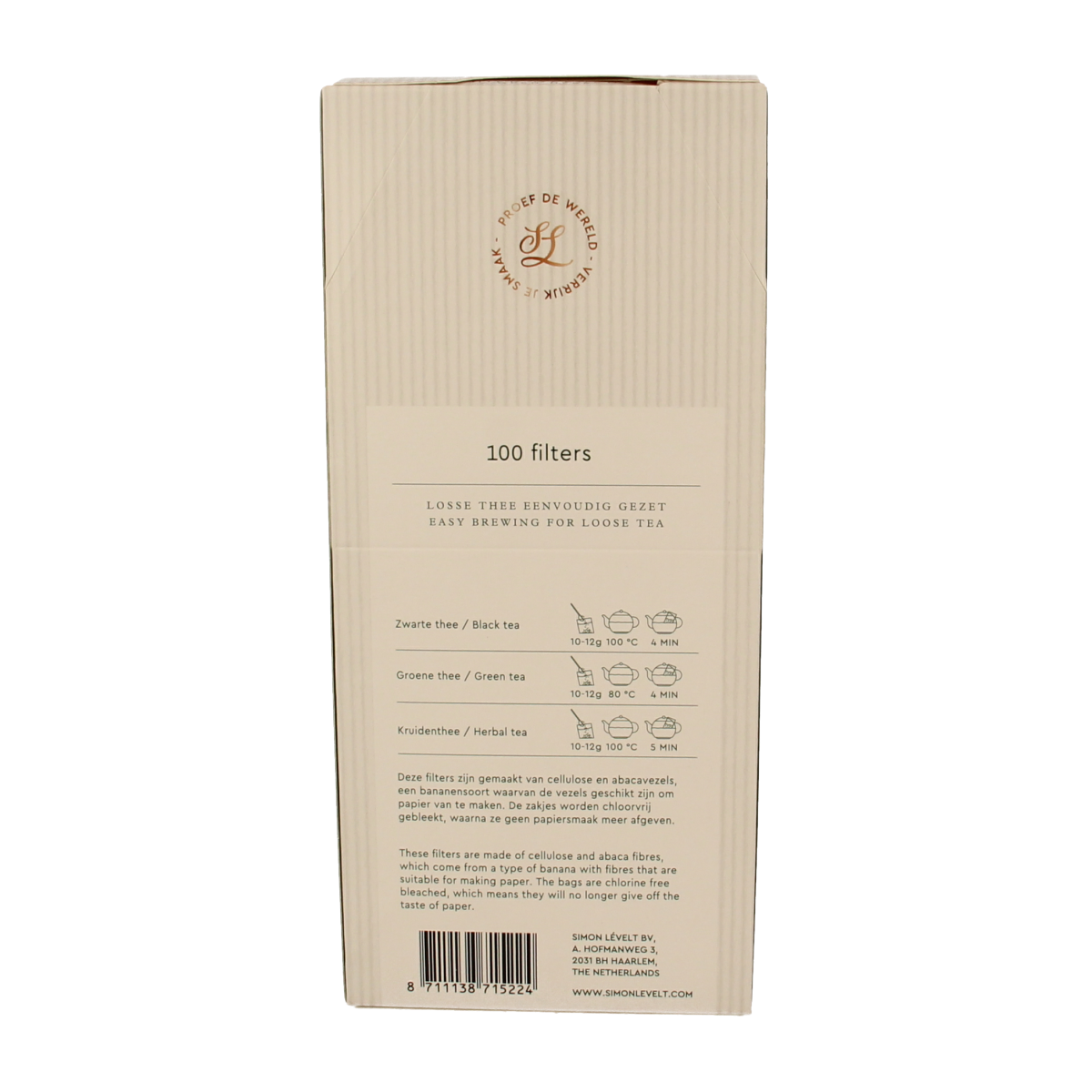 Simon Levelt large paper tea filter pack with 100 tea filters for brewing loose leaf or bagged tea.