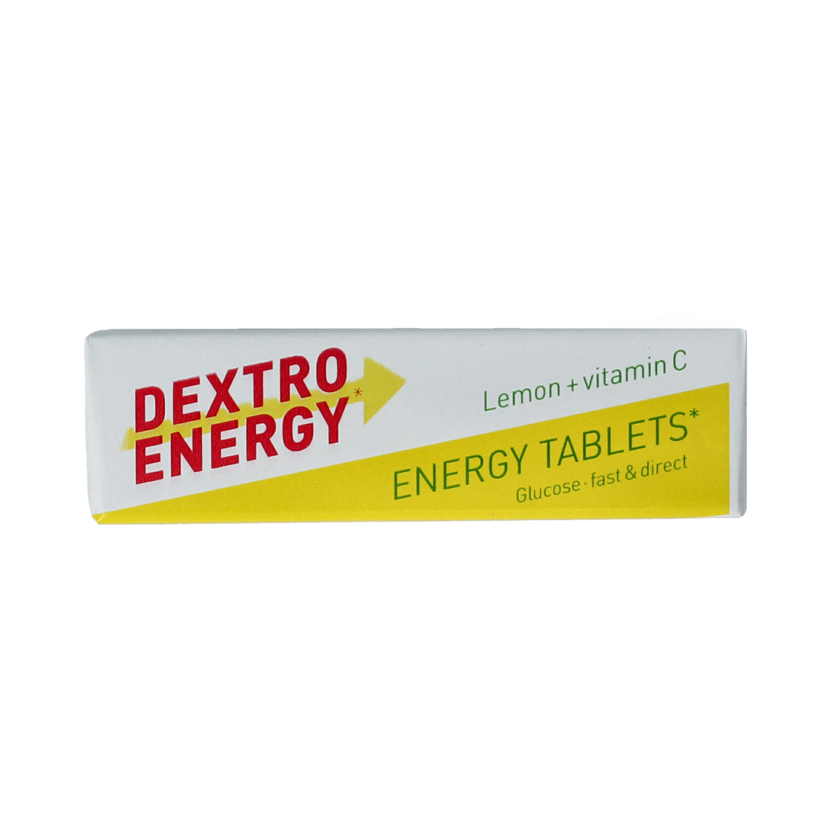 Dextro Citroen vitamin C chewable tablet, 47g, with sugar substitute, showing the yellow citrus-flavored tablet on a white background.