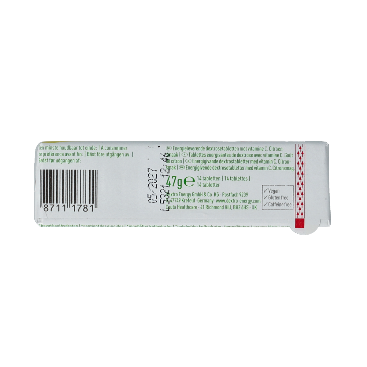 Dextro Citroen vitamin C tablet in a 47g roll, part of the sugars and sweeteners category, with citrus flavor and packaging details