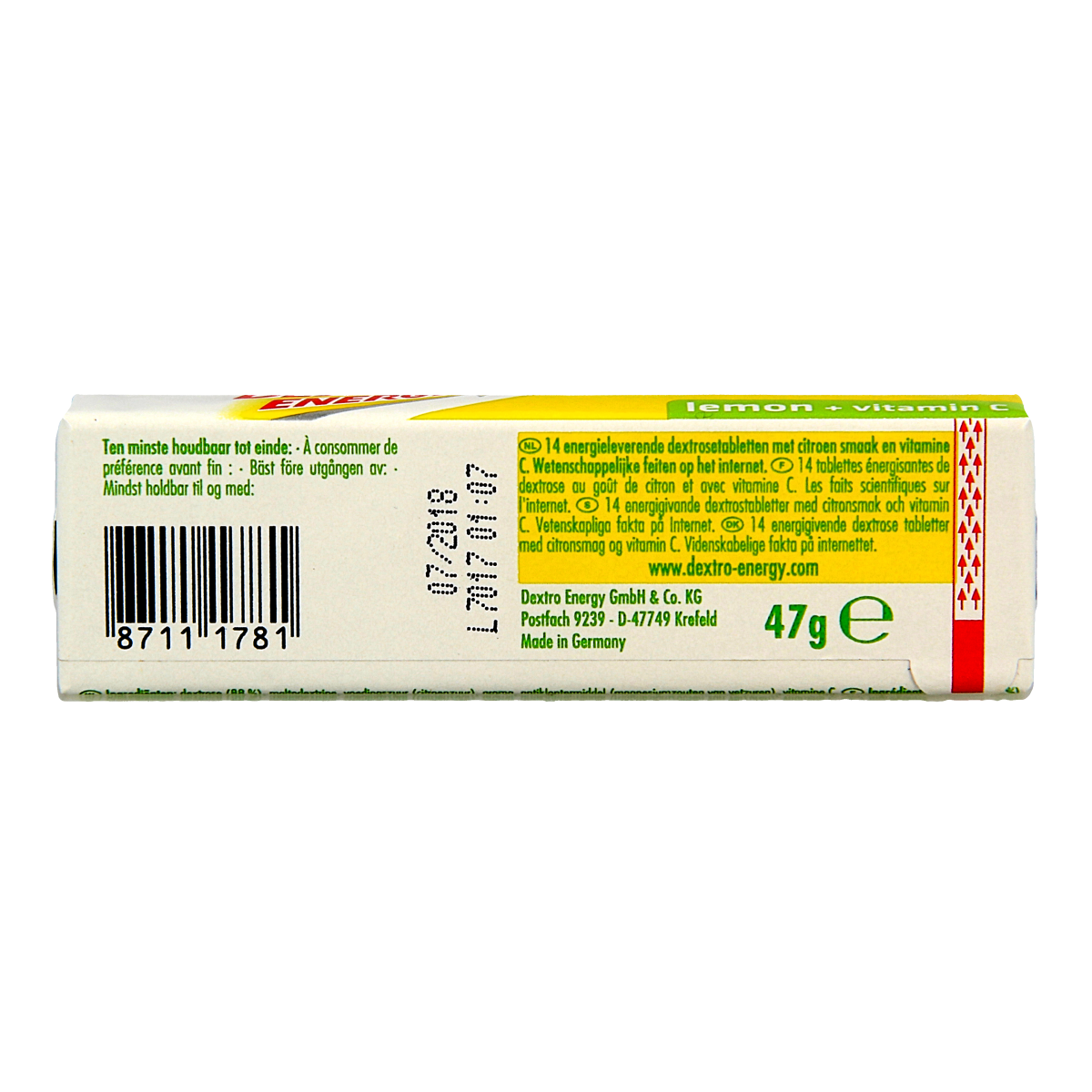 Dextro Citroen vitamin C tablets in a 47g roll, sugar and sweetener product with citrus flavor, shown in the image.