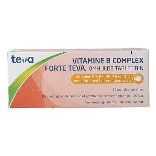 Teva Vitamin B Complex Forte bottle with 30 tablets, showing the product label and packaging for multivitamin supplement.
