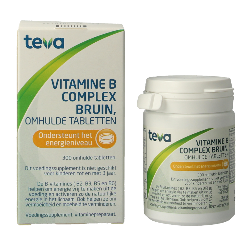 Teva Vitamin B complex supplement in brown tablets, 300-count bottle, showing loose tablets and packaging.