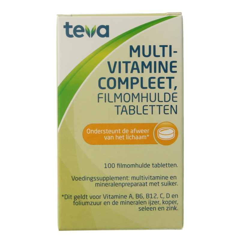 Teva multivitamine compleet supplement with 100 tablets, featuring colorful vitamin tablets in a blister pack.
