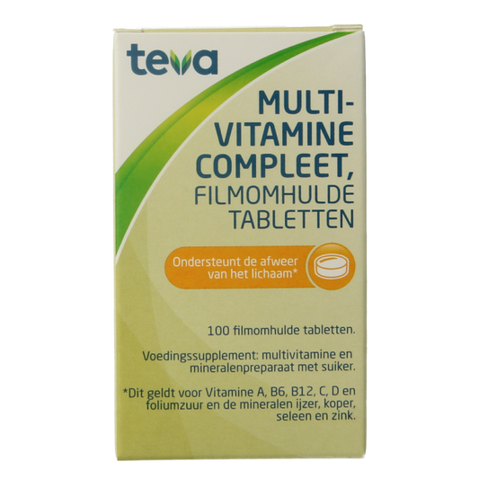 Teva multivitamine compleet supplement with 100 tablets, featuring colorful vitamin tablets in a blister pack.