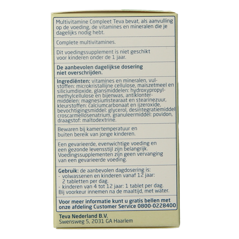 Teva Multivitamine compleet 100-tablet bottle, showing the supplement container with colorful label and tablets inside.