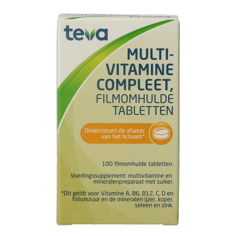 Teva multivitamine compleet, 100 tablets, vitamin and mineral supplement in a plastic bottle with label showing colorful tablets inside.