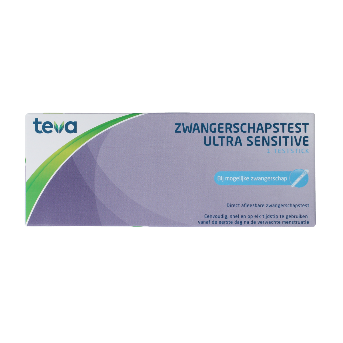 Teva Zwangerschapstest ultra gevoelige zelftest voor zwangerschap, 1 stuk, in verpakking, met testresultaat indicator.