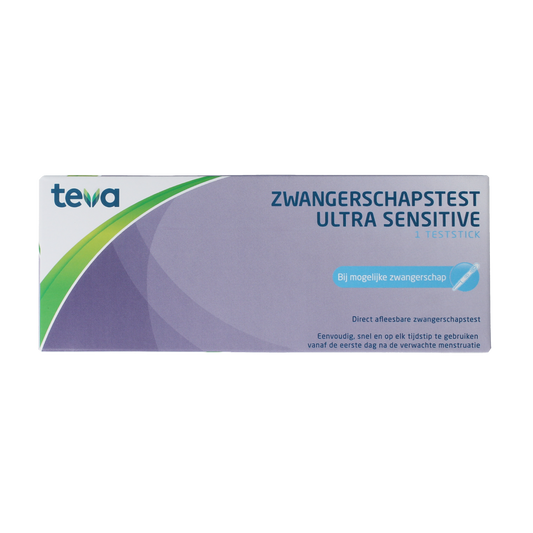 Teva Zwangerschapstest ultra gevoelige zelftest voor zwangerschap, 1 stuk, in verpakking, met testresultaat indicator.