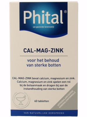 Phital Cal Mag Zink mineral supplement in a bottle of 60 tablets, showing the label with supplement details and branding.