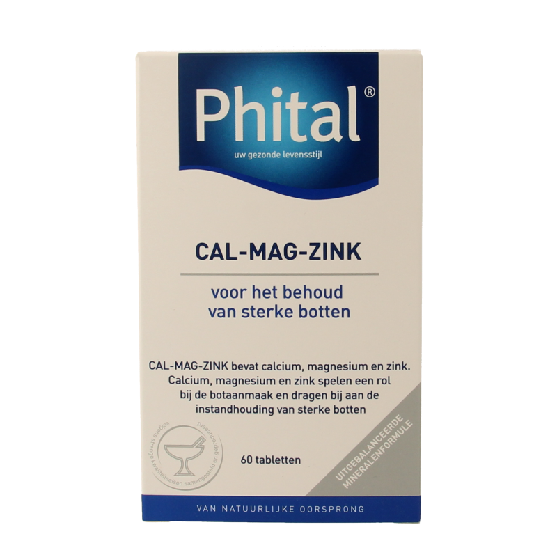 Phital Cal Mag Zink mineral supplement featuring 60 tablets, showcasing the colorful packaging and tablets inside the container.