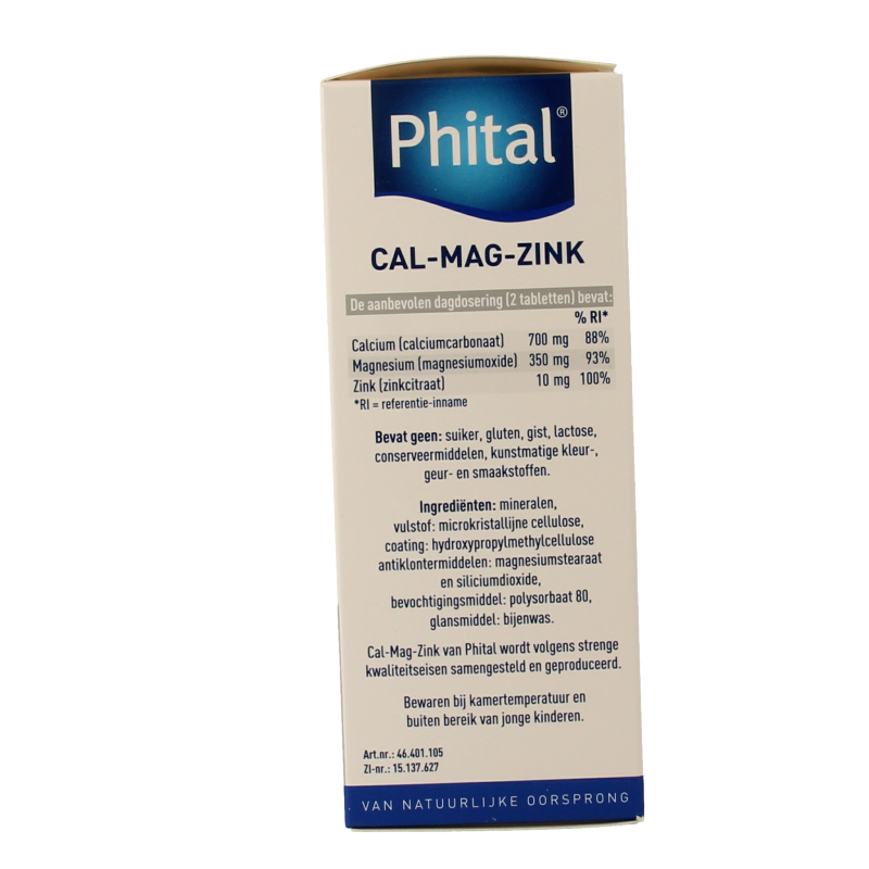 Phital Cal Mag Zink mineral supplement container with 60 tablets, showing the product label and tablet blister pack.