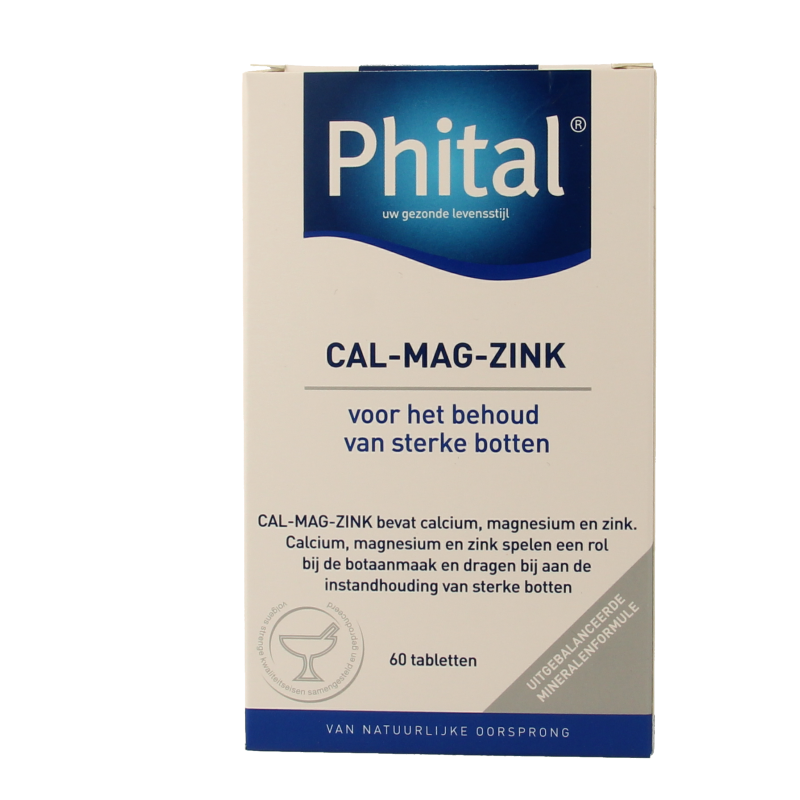 Phital Cal Mag Zink mineral supplement in a bottle of 60 tablets, showcasing the product packaging and tablets inside.