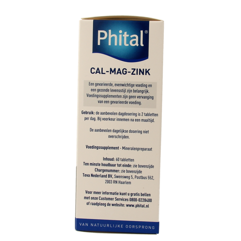 Phital Cal Mag Zink mineral supplement tablets, showing a container with 60 tablets for bone health and mineral balance.