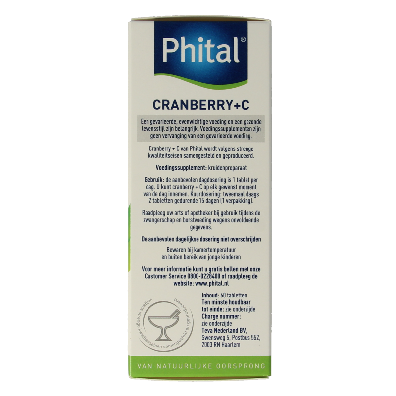 Phital Cranberry + C60 herbal supplement tablets in a bottle, natural herbal ingredients for health support.