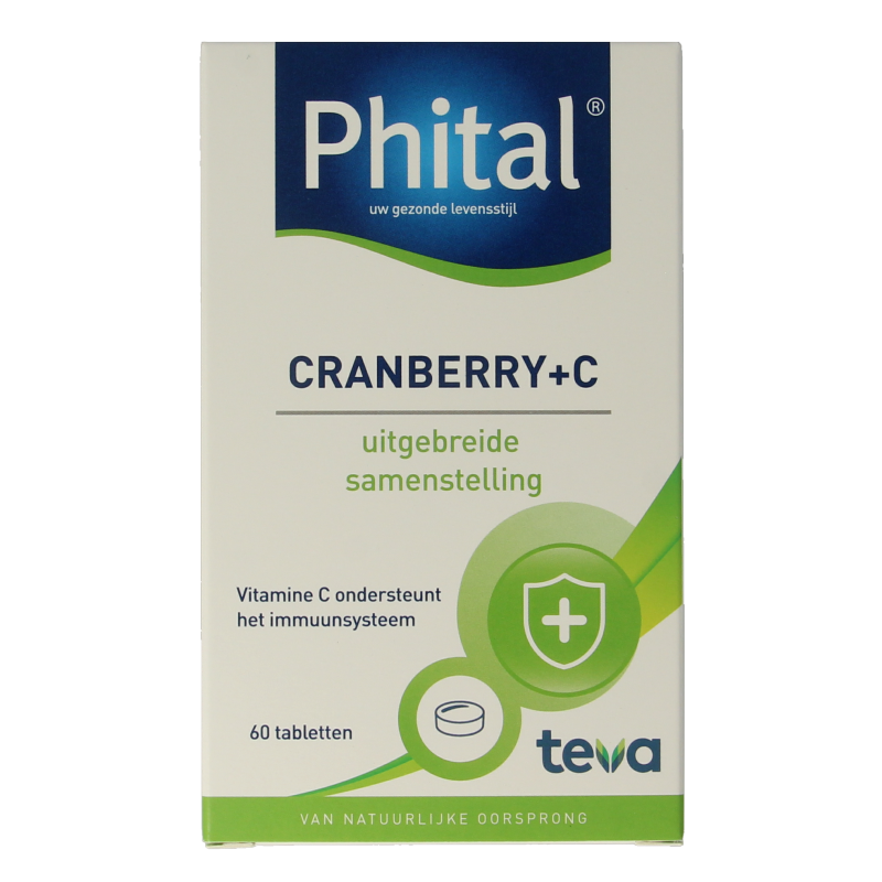 Phital Cranberry and C60 herbal supplement tablets in a clear glass jar, showing the product packaging and tablets inside.