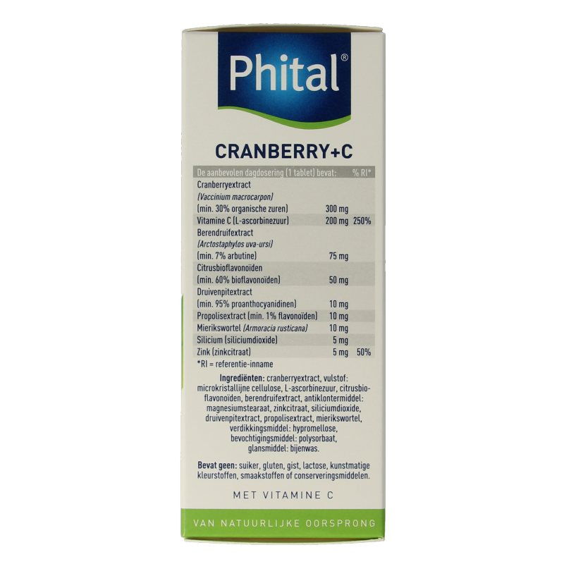 Phital Cranberry + C 60 herbal supplement tablets in a blister pack, designed for immune support and urinary health.