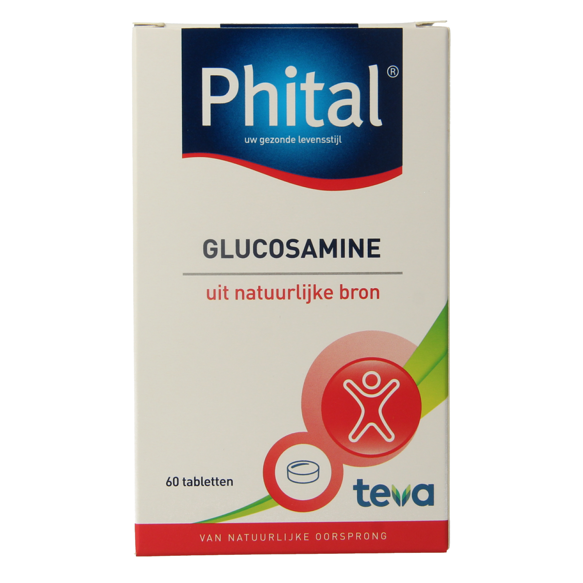 Phital Glucosamine mineral tablets in bottle, 60 count, supporting joint health and mobility.