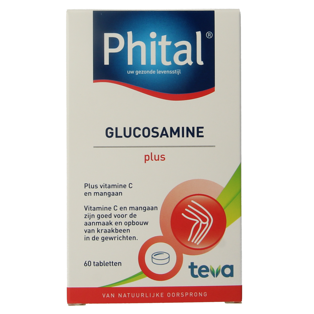 Phital Glucosamine Plus bottle with 60 tablets, dietary supplement for joint health from Phital, showing the product packaging.