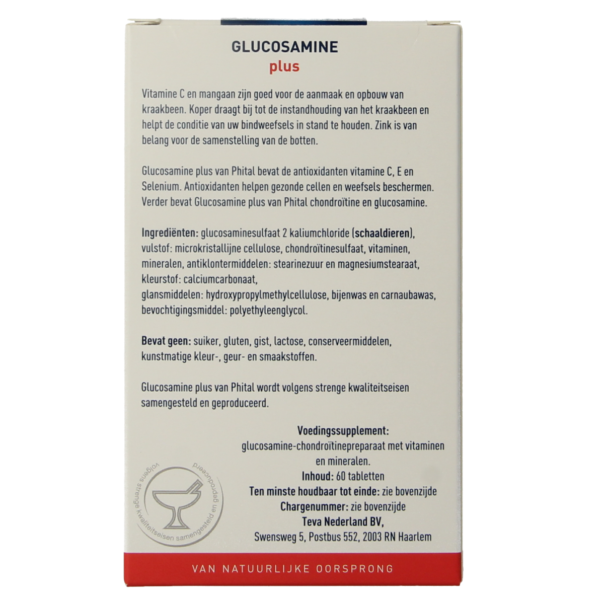 Phital Glucosamine Plus supplement bottle with 60 tablets, containing mineral complex for joint health and mobility.
