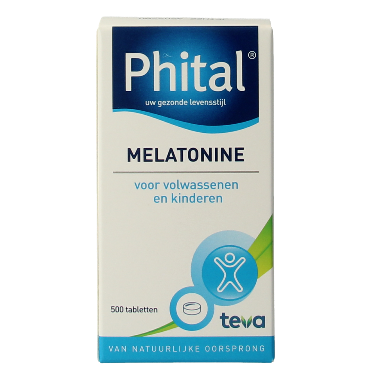 Phital Melatonine 0.1 mg herbal supplement, 500 tablets, showing the bottle and label with product details.