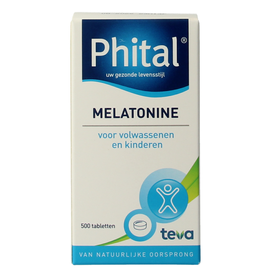 Phital Melatonine 0.1 mg herbal supplement, 500 tablets, showing the bottle and label with product details.