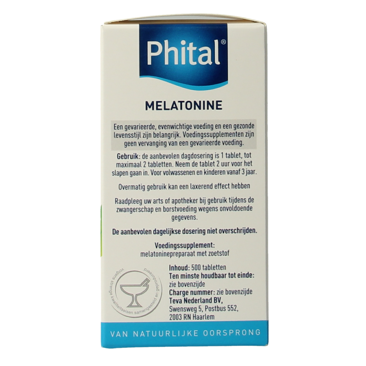 Phital Melatonine 0.1 mg herbal supplement in a bottle of 500 tablets, designed to support sleep and relaxation.