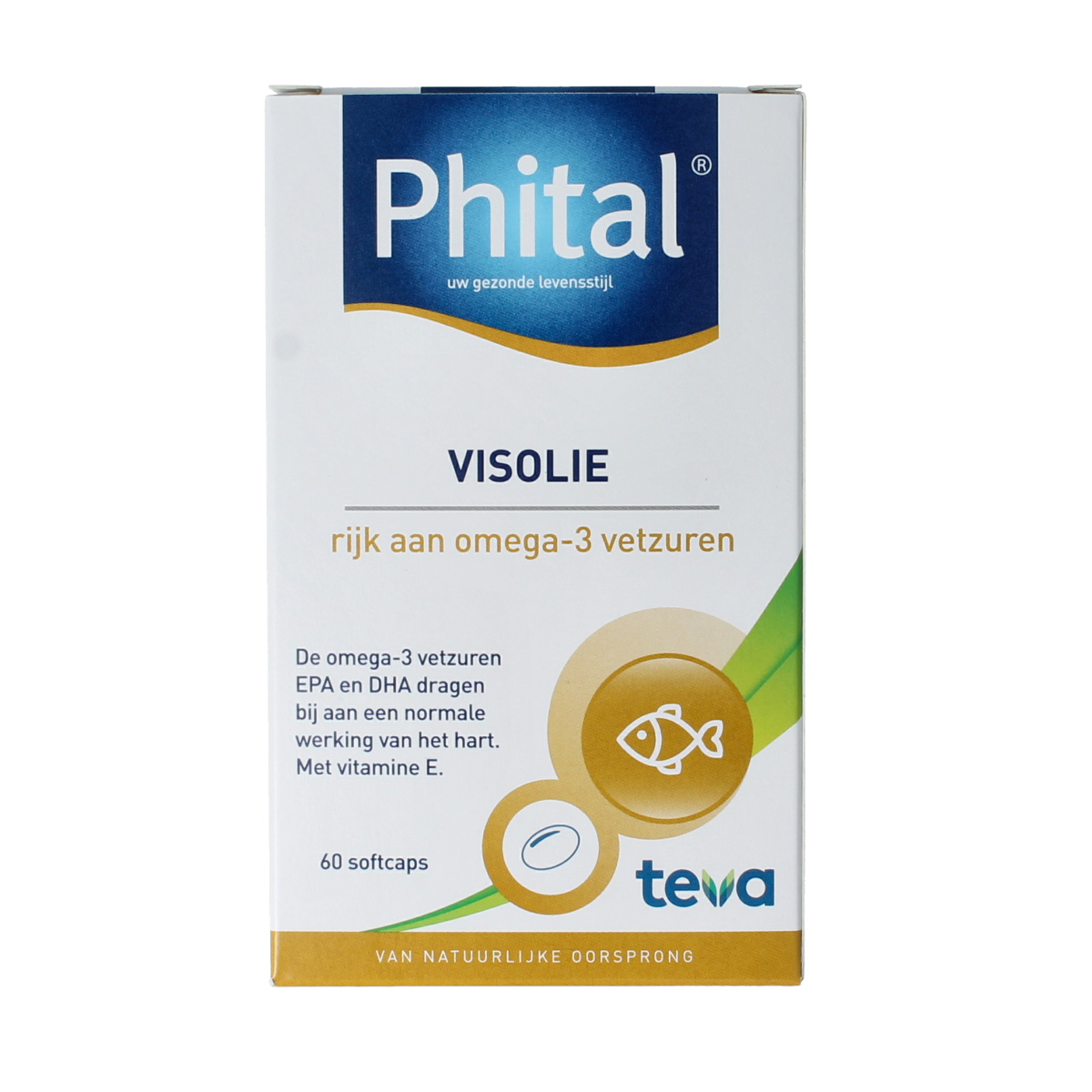 Phital Visolie Vetzuren capsules in a bottle, showing the supplement's label with 60 capsules for healthy omega fatty acids.