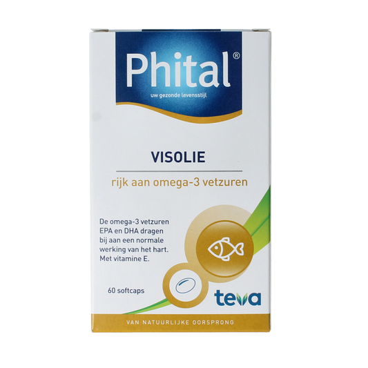 Phital Visolie Vetzuren capsules in a bottle, showing the supplement's label with 60 capsules for healthy omega fatty acids.