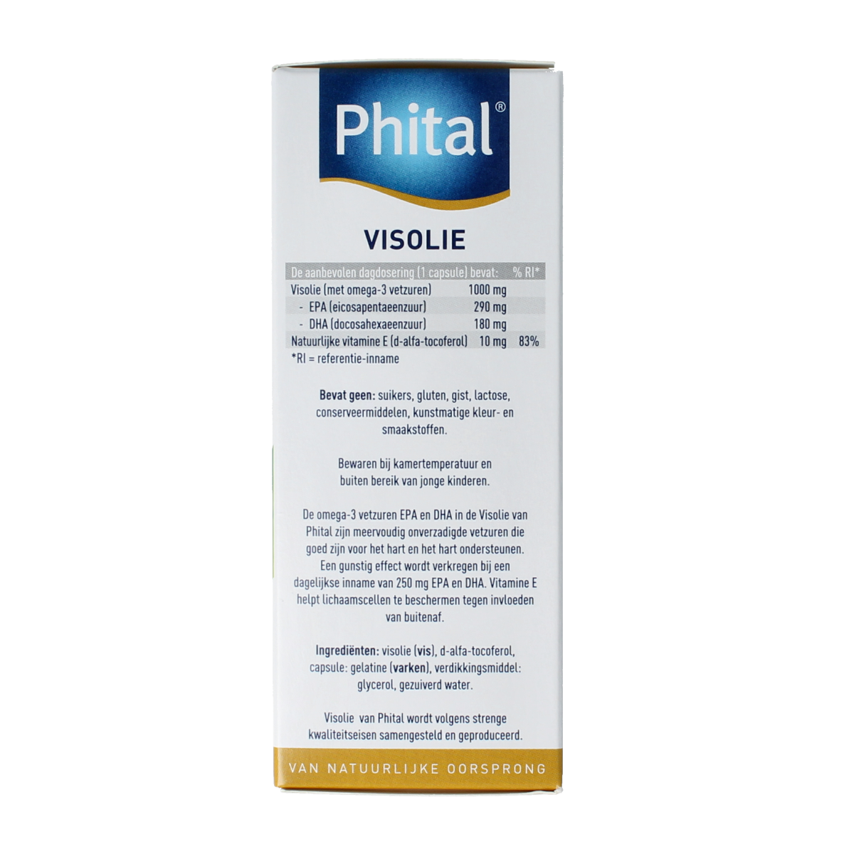 Bottle of Phital Visolie omega-3 fatty acids capsules in a clear container with a white label and cap.