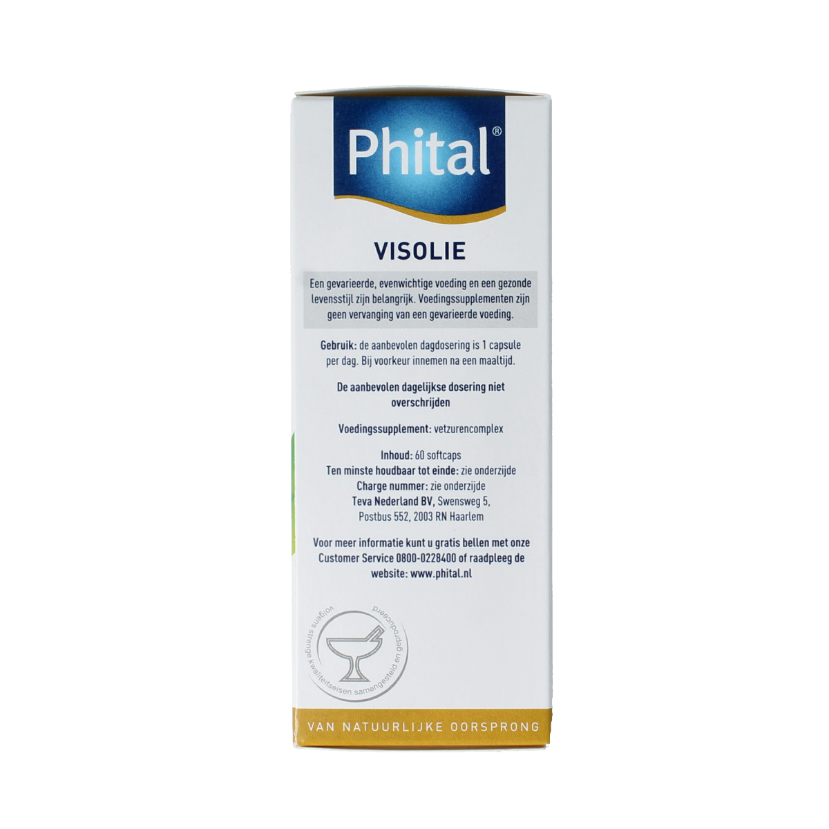 Phital Visolie Vetzuren capsules in a bottle, dietary supplement with omega fatty acids for health and wellness.