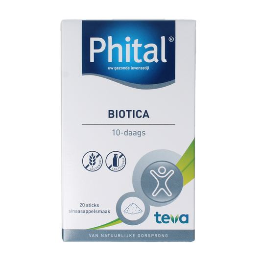 Phital Biotica 10-day pack of 20 probiotic sachets with micro-organisms, showing the product packaging and sachets.