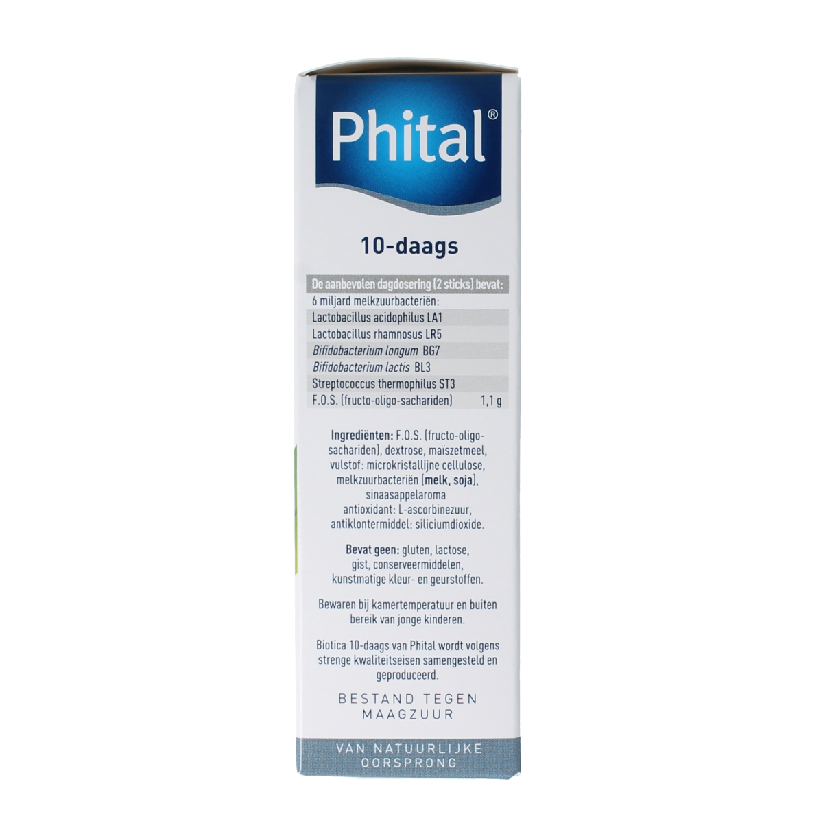 Phital Biotica 10-day pack with 20 sachets of micro-organisms for gut health, shown in individual sachets.