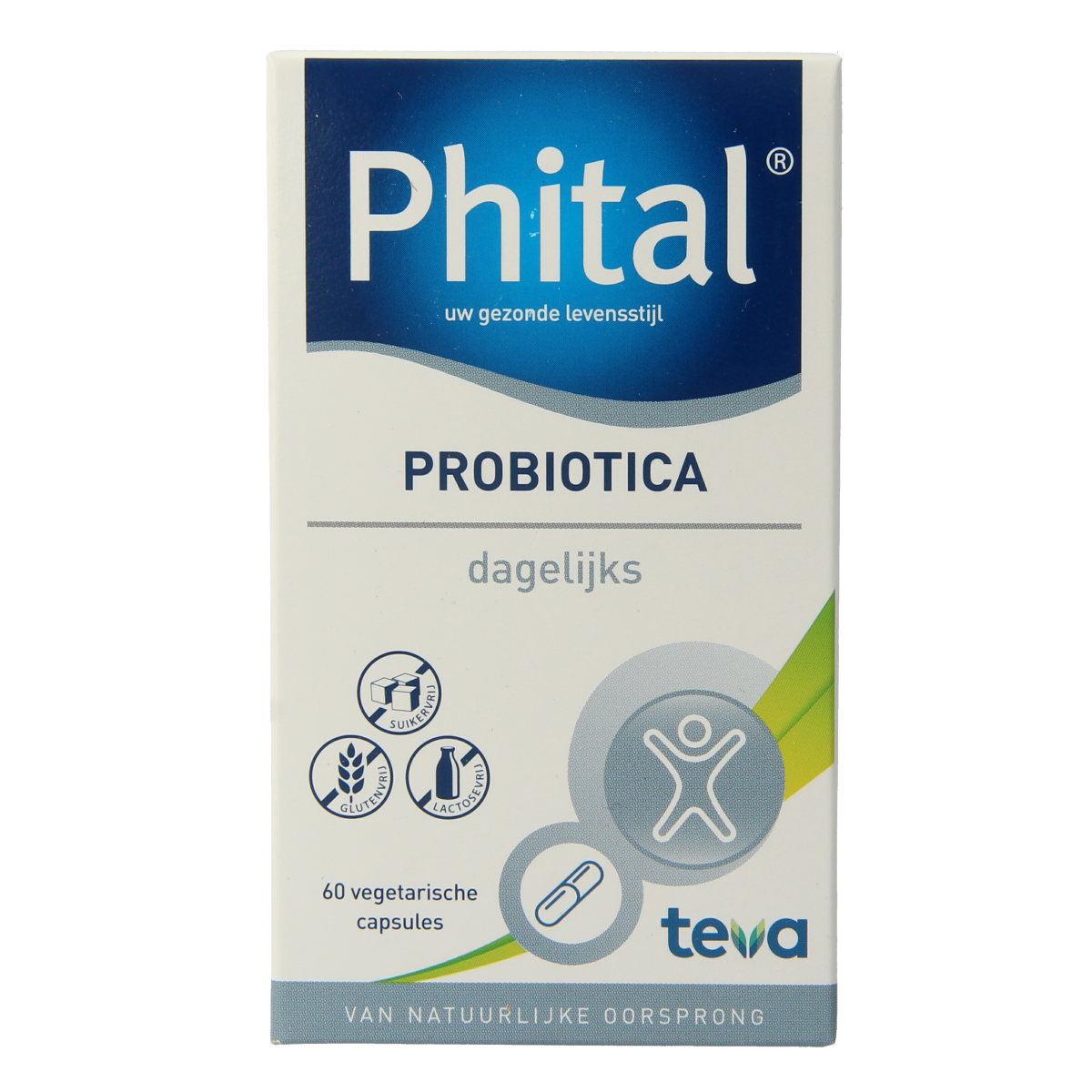 Phital Probiotica dagelijks vegetarische capsules with micro-organismen, showing a bottle of dietary probiotic supplements.