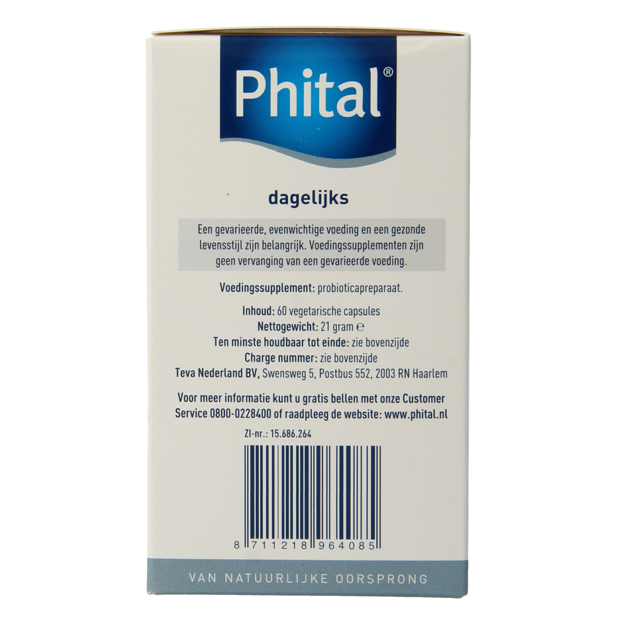Vegetarian Phital Probiotica dagelijks capsules containing micro-organismen, dietary supplement for digestive health.